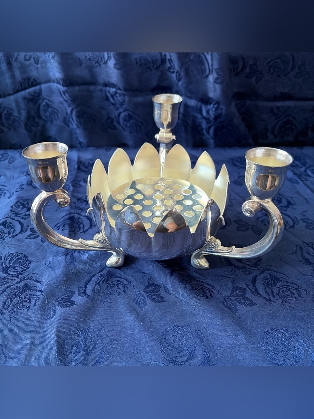Leonard Silver Plated Lotus Flower Bowl W/Triple Candle Holders